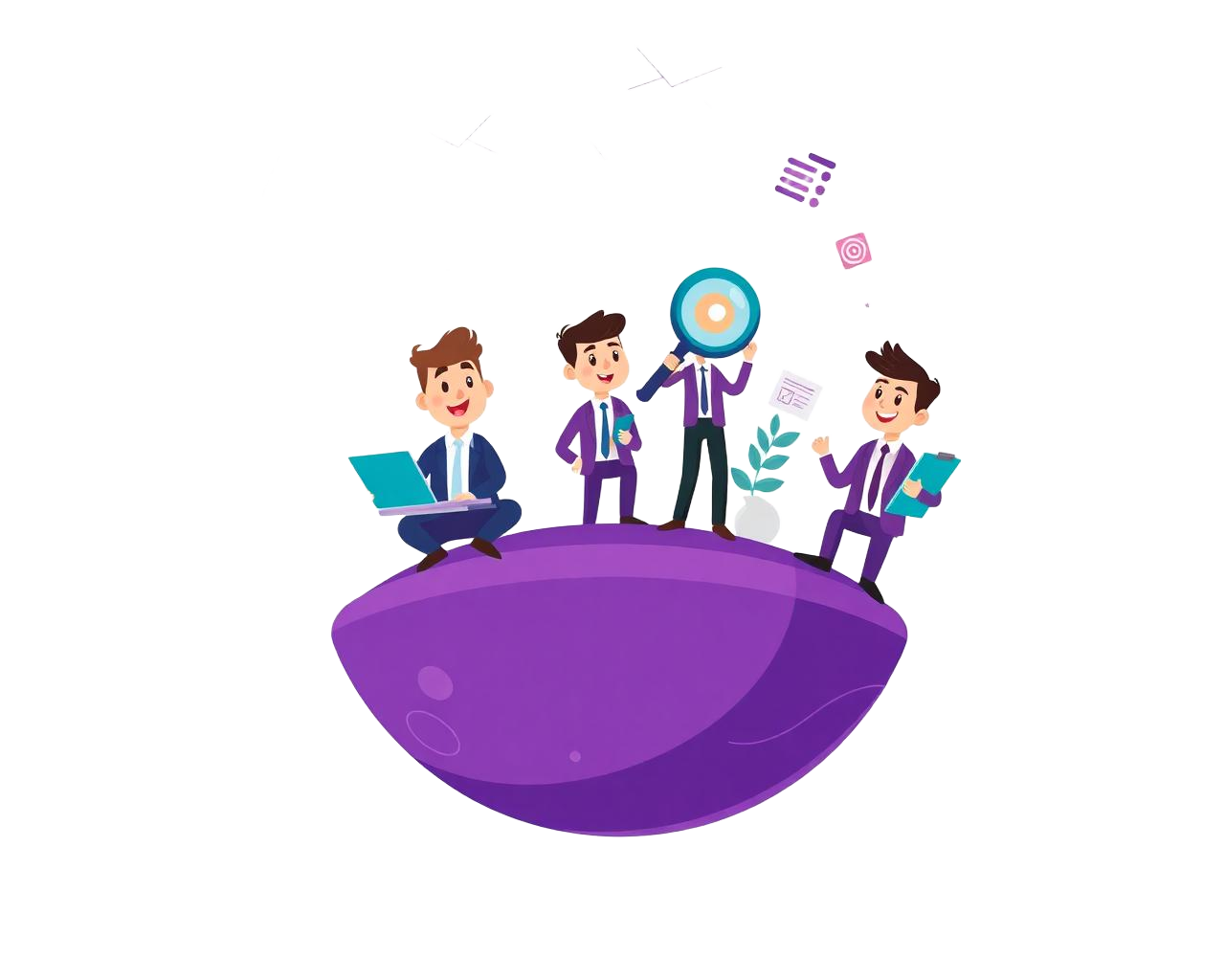Cartoon scouts exploring a purple planet with a magnifying glass