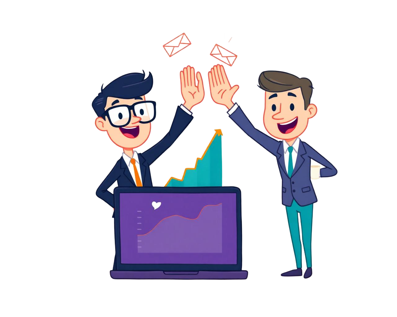 Cartoon teammates high-fiving over a laptop showing a rising chart