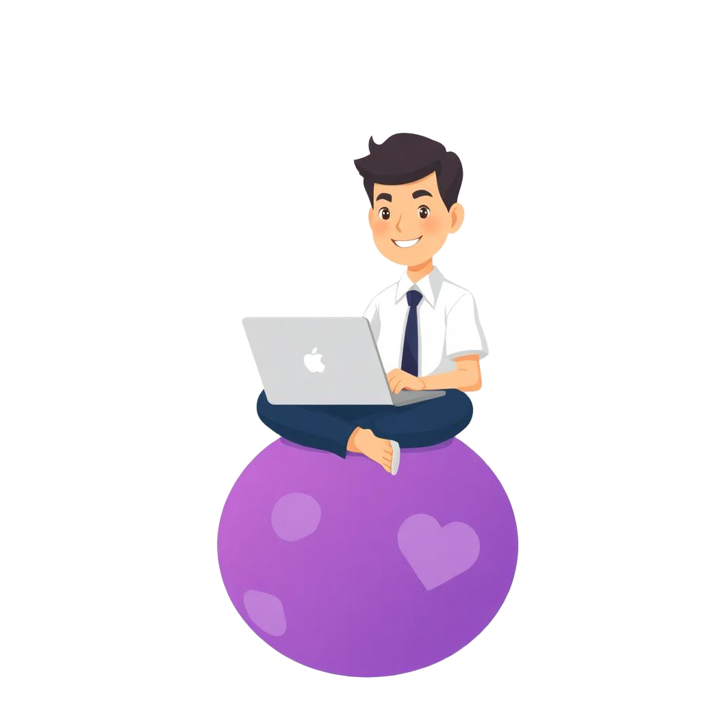 Cartoon Space Worker sitting on a purple planet with a laptop
